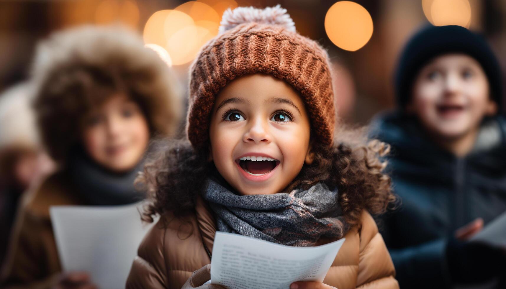 ai generado sonriente niños disfrutando invierno al aire libre, linda y alegre familia unión generado por ai foto