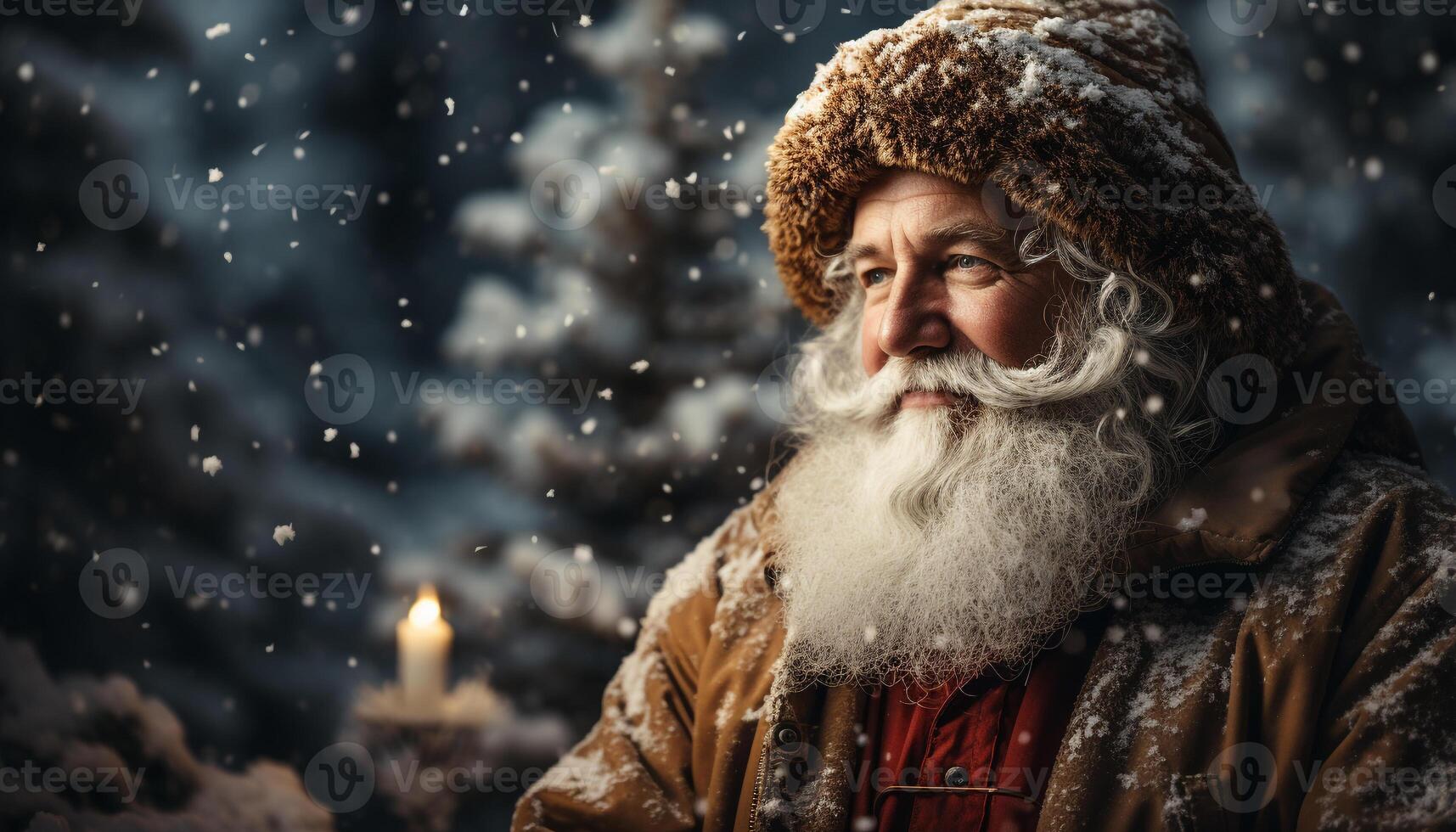 ai generado sonriente mayor hombre en invierno celebra con nieve y regalo generado por ai foto