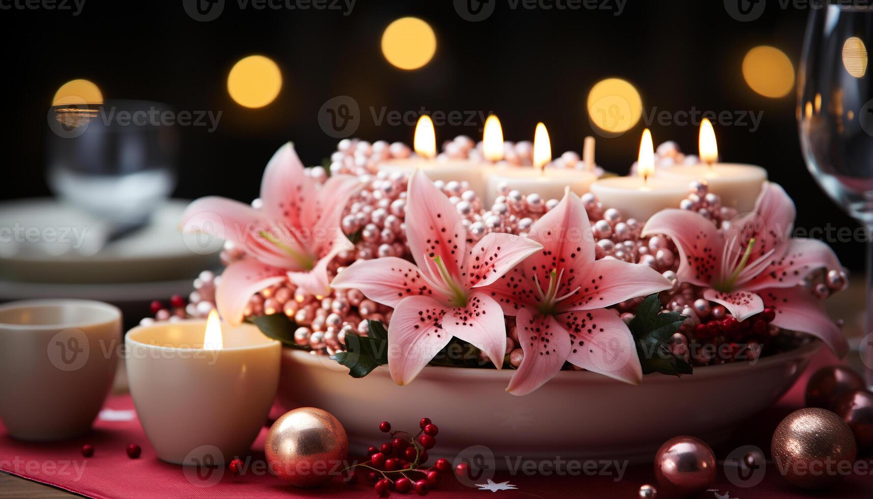 AI generated Romantic candlelight illuminates elegant table with flowers and chocolate dessert generated by AI photo