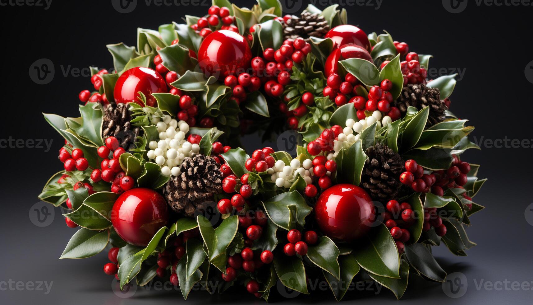 AI generated Fresh holly wreath, a gift of nature winter celebration generated by AI photo