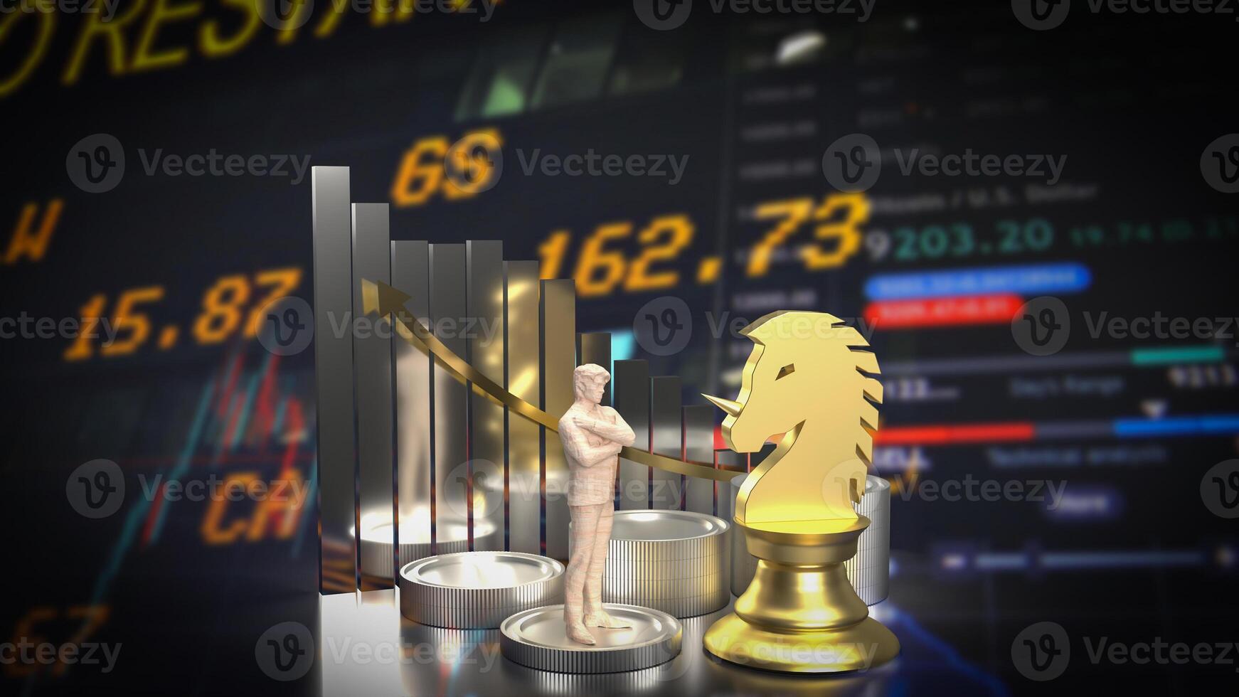 The Gold Unicorn Chess and man Figure for Business concept 3d Rendering. photo