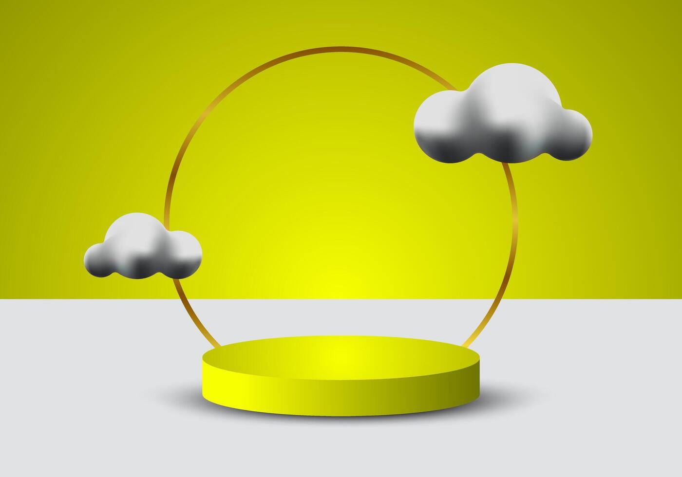 3D cylindrical pedestal podium with golden circles and clouds background. Minimal scene for product stage exhibition, promotional display. vector