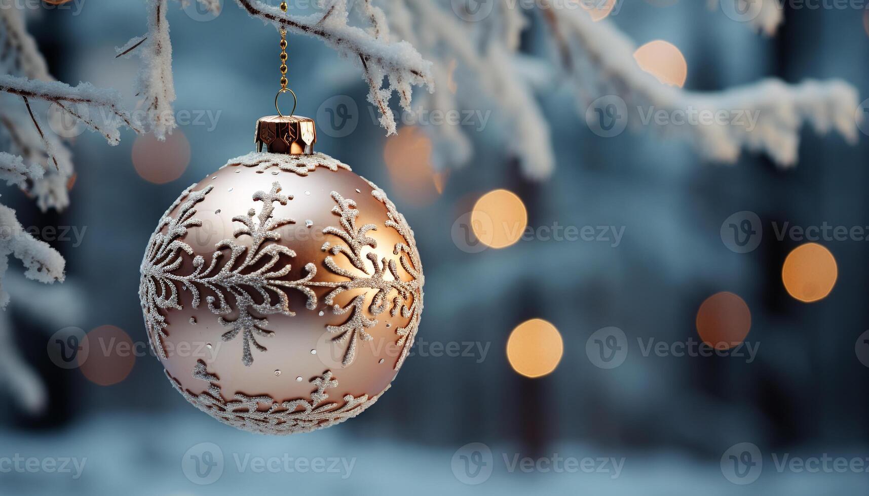AI generated Winter celebration glowing snowflake ornament on defocused Christmas tree generated by AI photo
