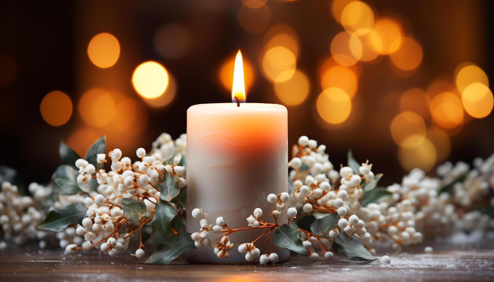 AI generated Glowing candle illuminates winter table, symbolizing Christmas celebration generated by AI photo
