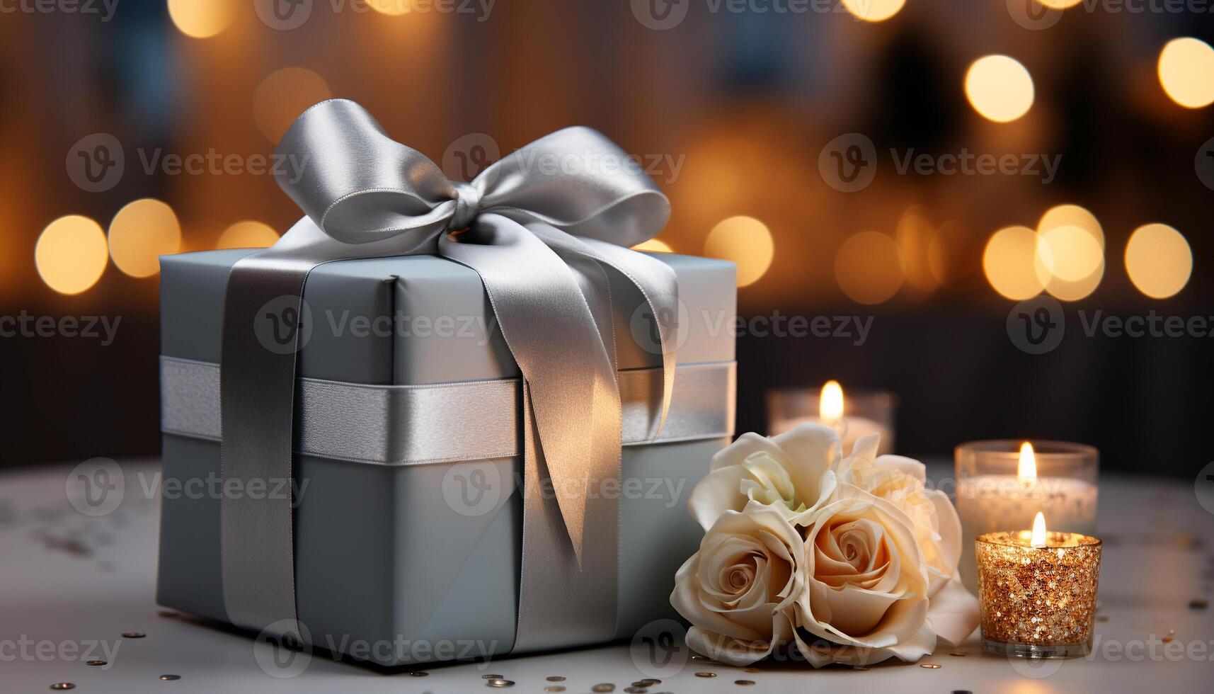 AI generated Romantic candle glowing on a decorated gift box at night generated by AI photo