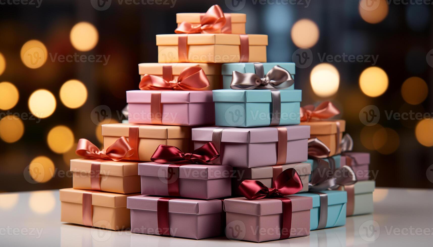 AI generated Gift box wrapped in shiny, multi colored Christmas paper on table generated by AI photo