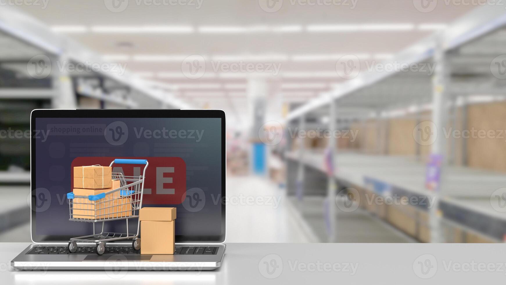 The shopping trolley and Notebook for online market concept 3d rendering. photo