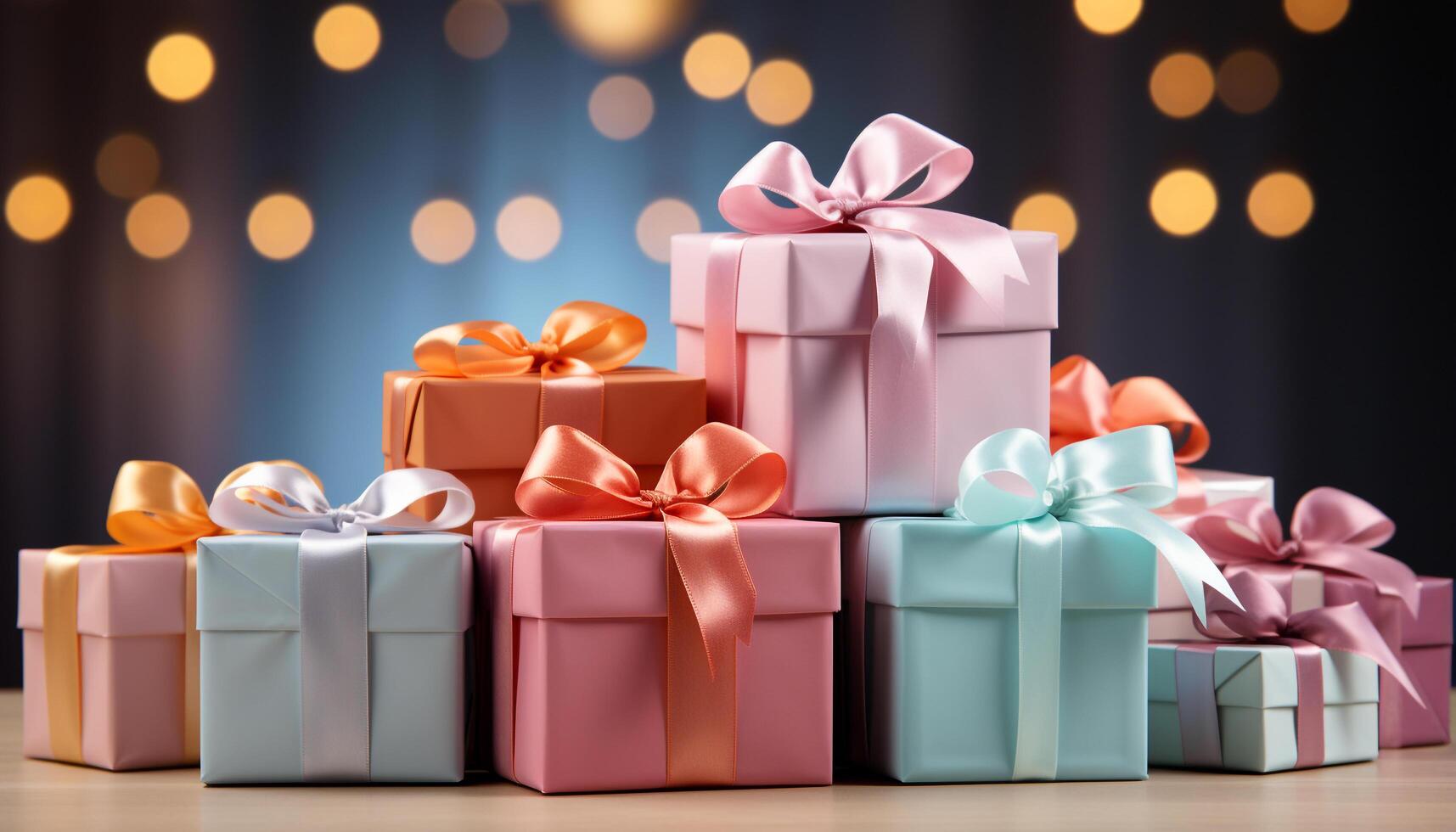 AI generated A vibrant stack of gift boxes, wrapped in shiny paper generated by AI photo
