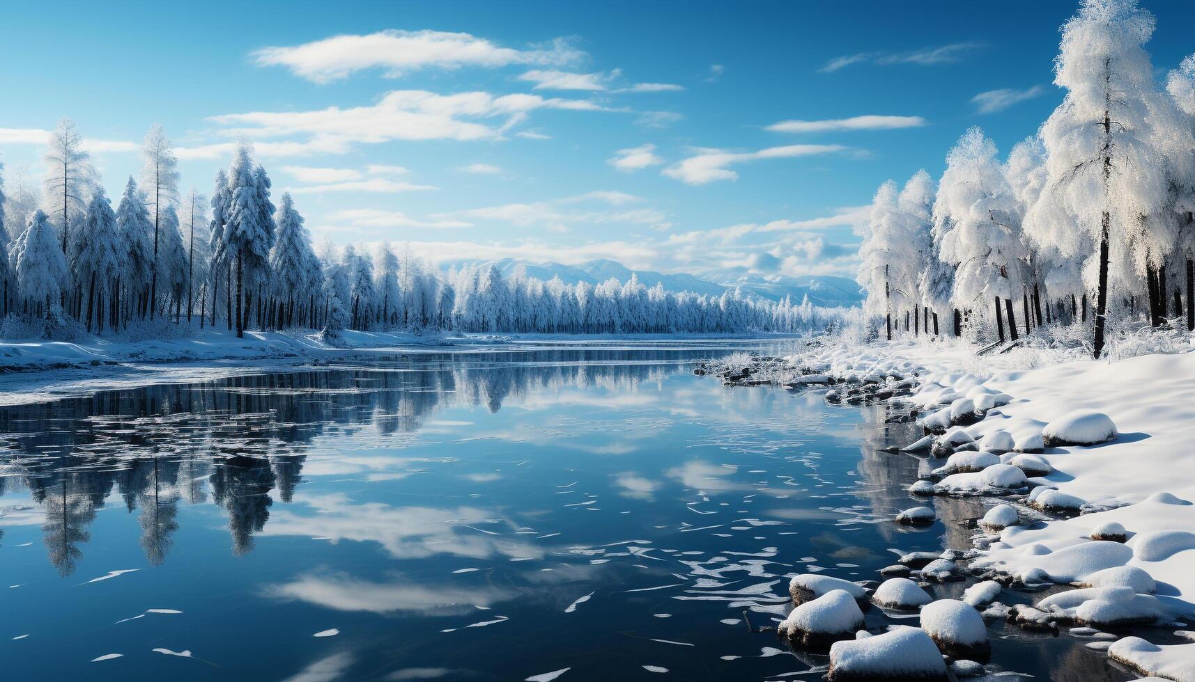 AI generated Tranquil winter landscape snow covered mountains reflect in icy water generated by AI photo