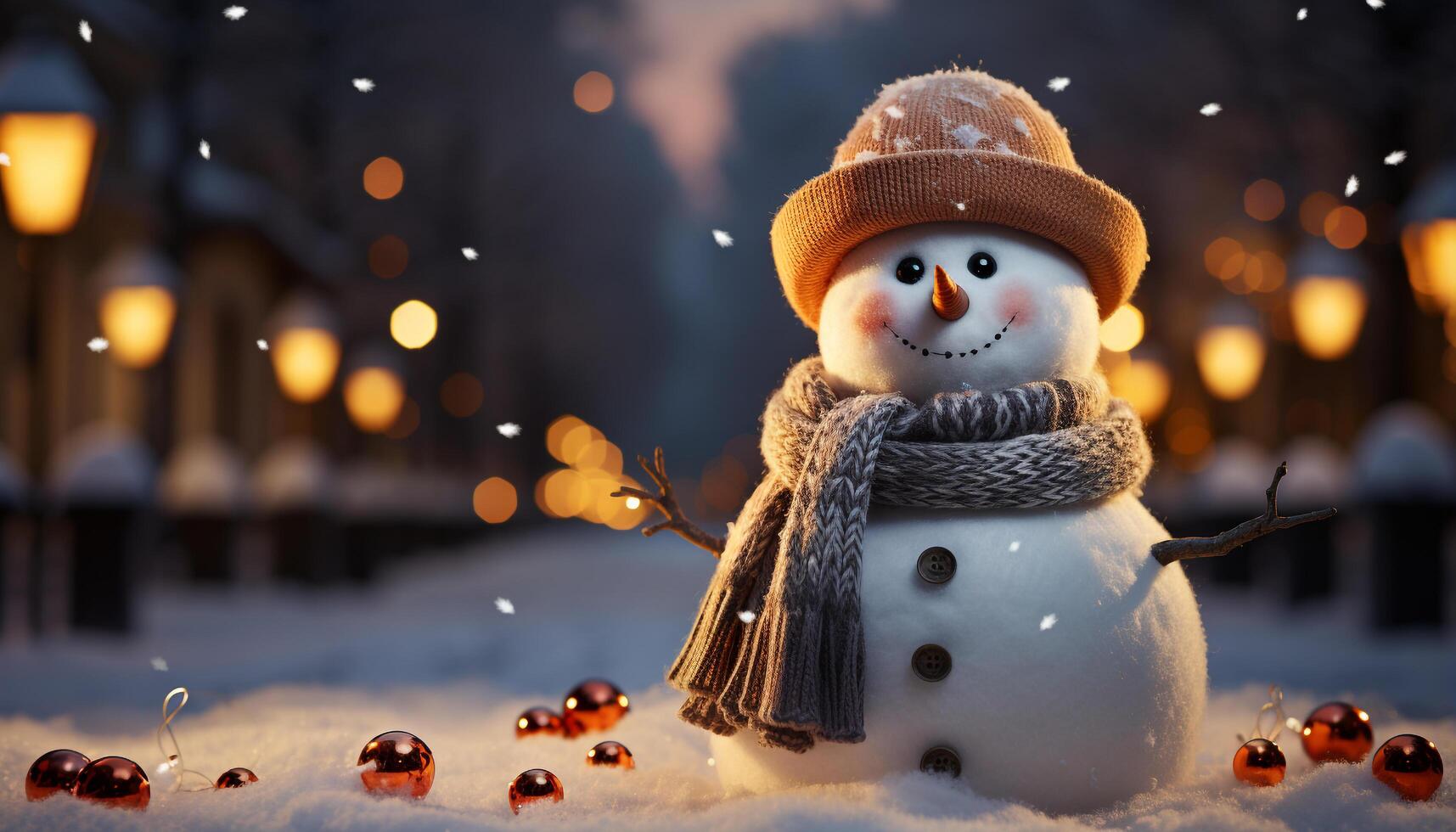 AI generated Smiling snowman brings winter joy with glowing Christmas lights generated by AI photo