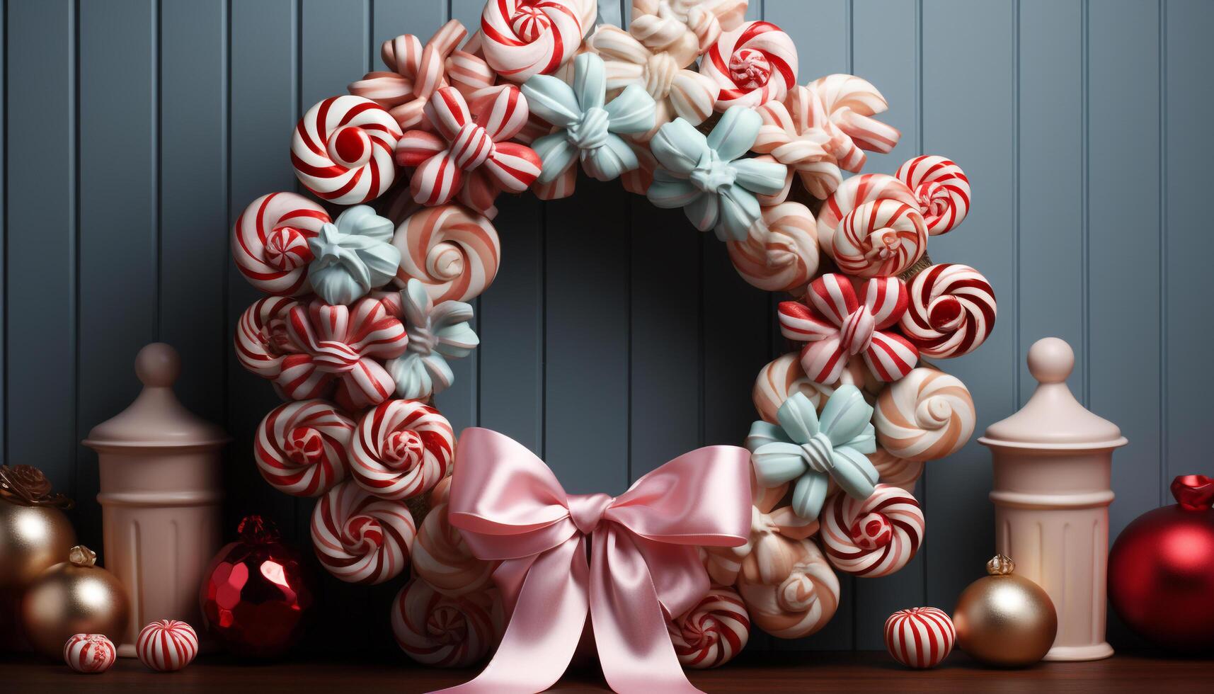 AI generated Cute candy cane shapes decorate the bright winter backdrop generated by AI photo