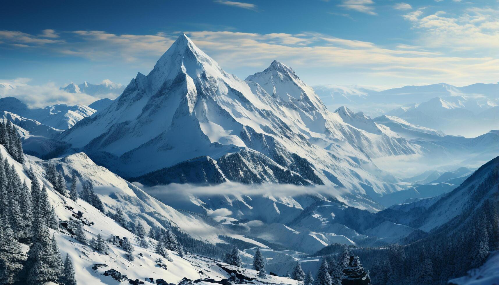 AI generated Majestic mountain range, tranquil forest, frozen cliff, snowy adventure generated by AI photo