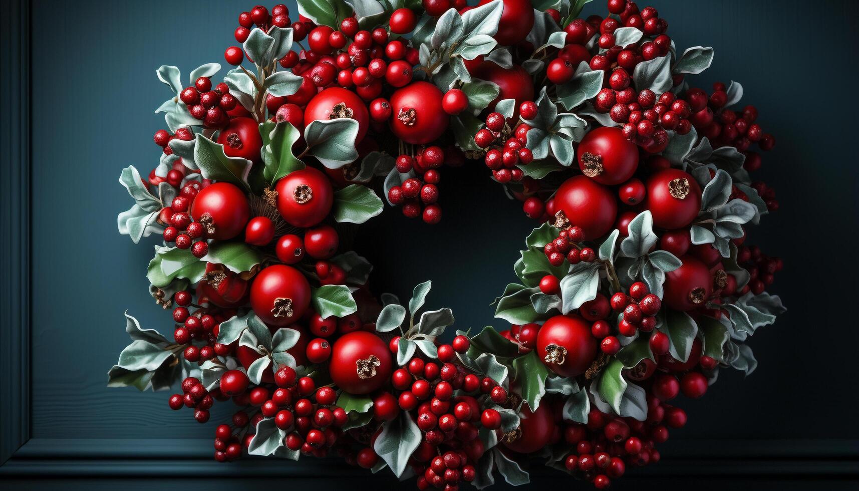 AI generated Fresh holly wreath, winter celebration, organic berry fruit decoration generated by AI photo