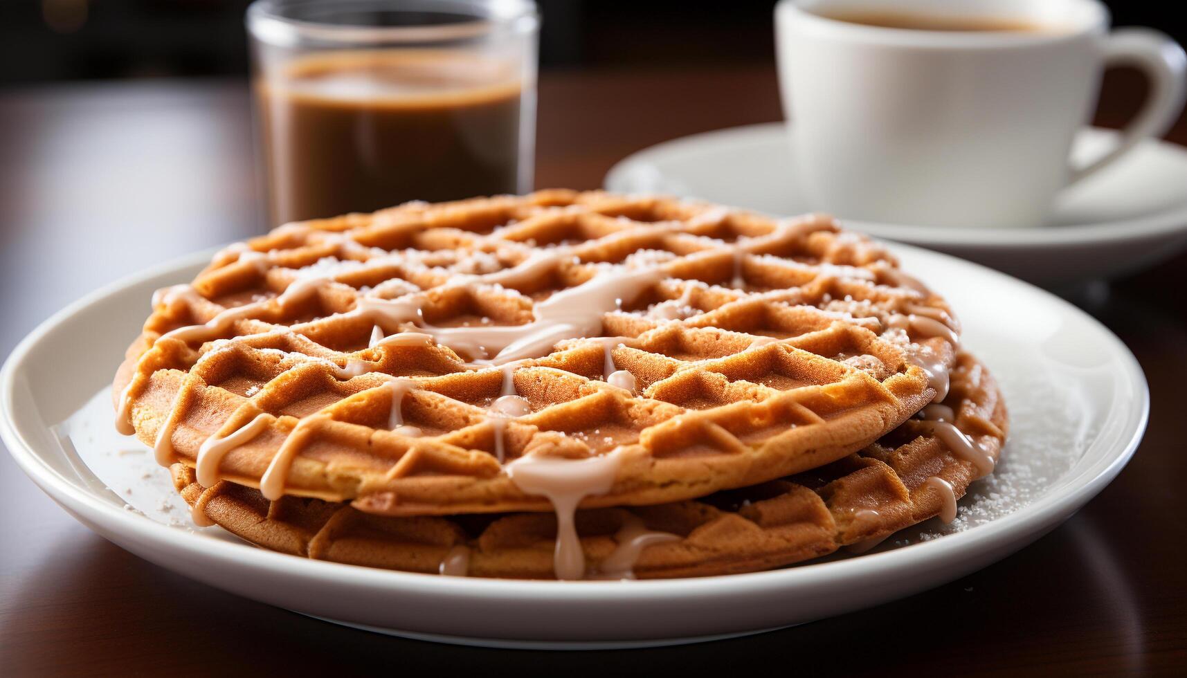 AI generated Freshly cooked pancakes stacked high with syrup and chocolate generated by AI photo