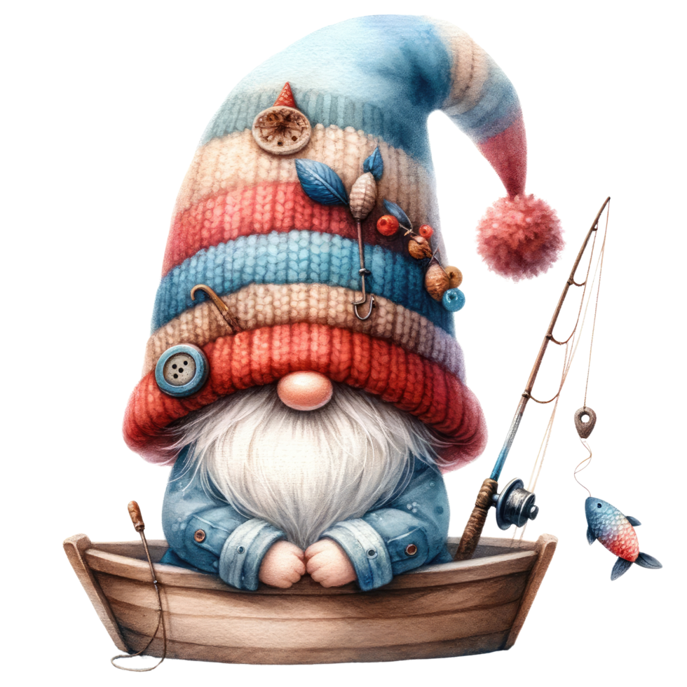 AI generated Fishing Gnome with Tackle and Net. png