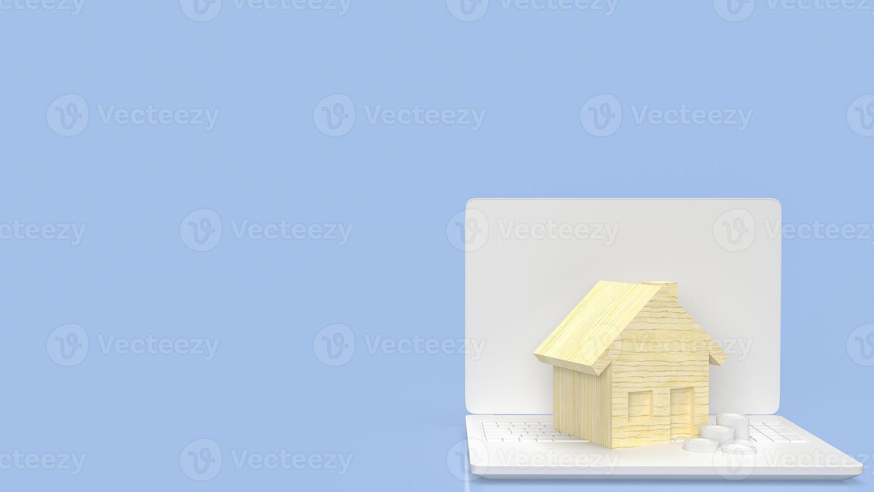 The wood house on laptop for property or real estate concept 3d rendering. photo