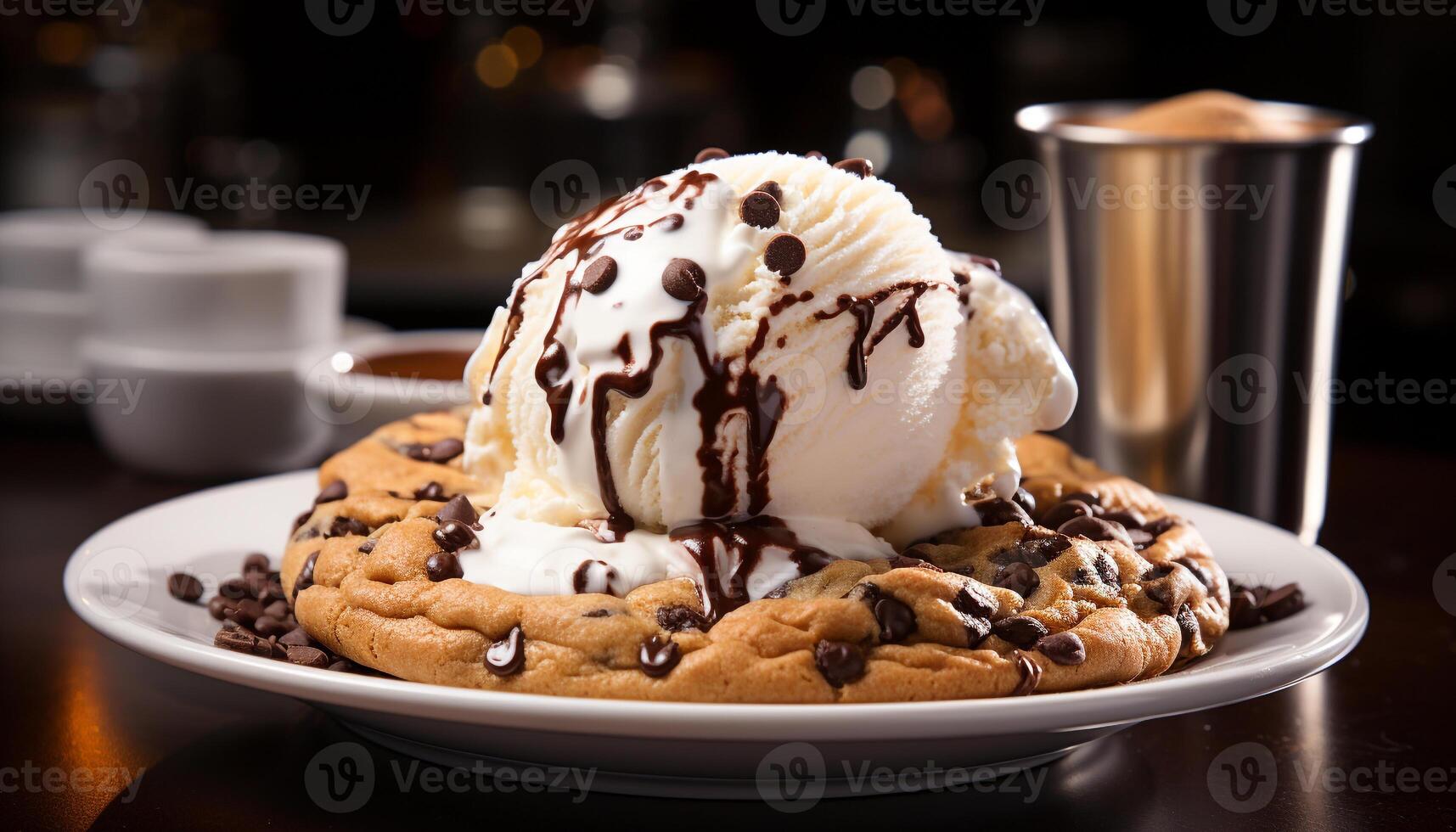 AI generated Homemade chocolate ice cream on a wooden plate, indulgent dessert generated by AI photo