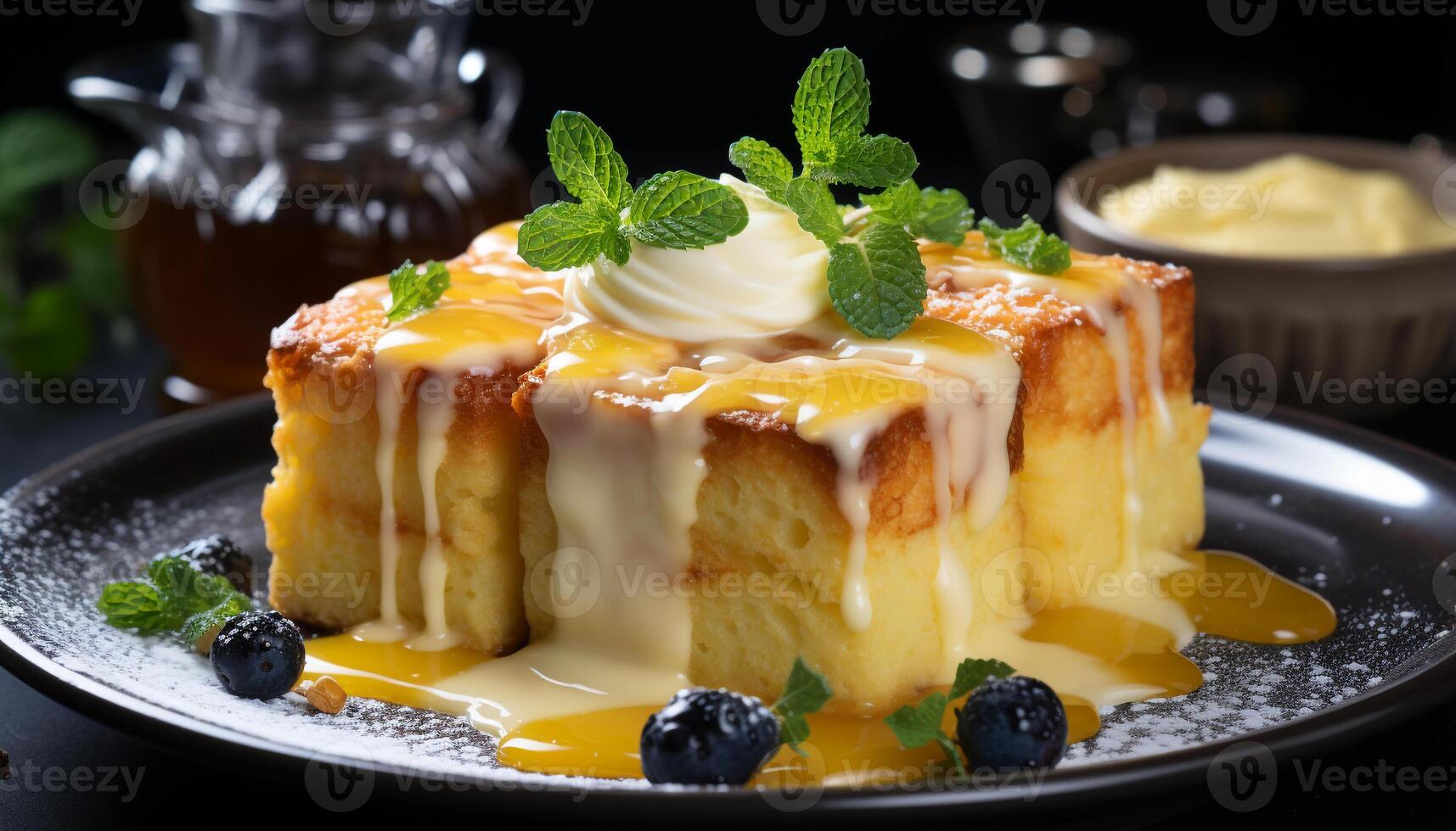 AI generated A gourmet dessert plate with fresh fruit and whipped cream generated by AI photo
