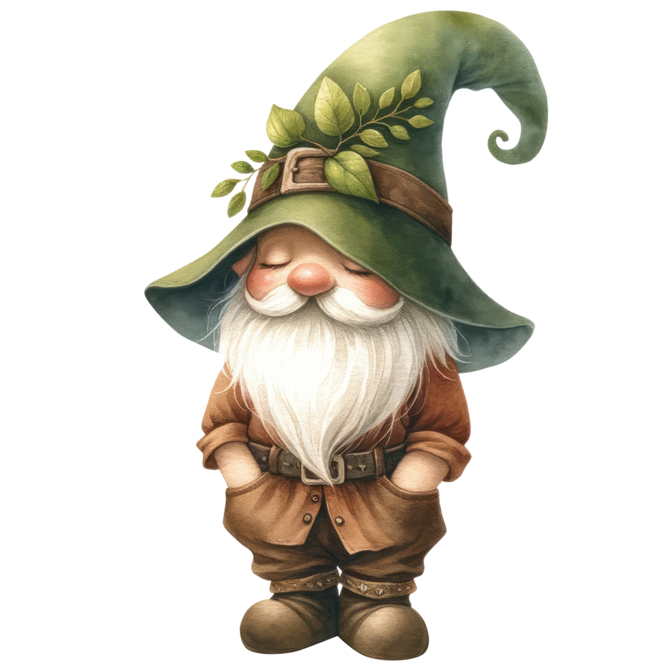 AI generated Garden gnome with a lush white beard, donning a leaf-adorned green hat. png