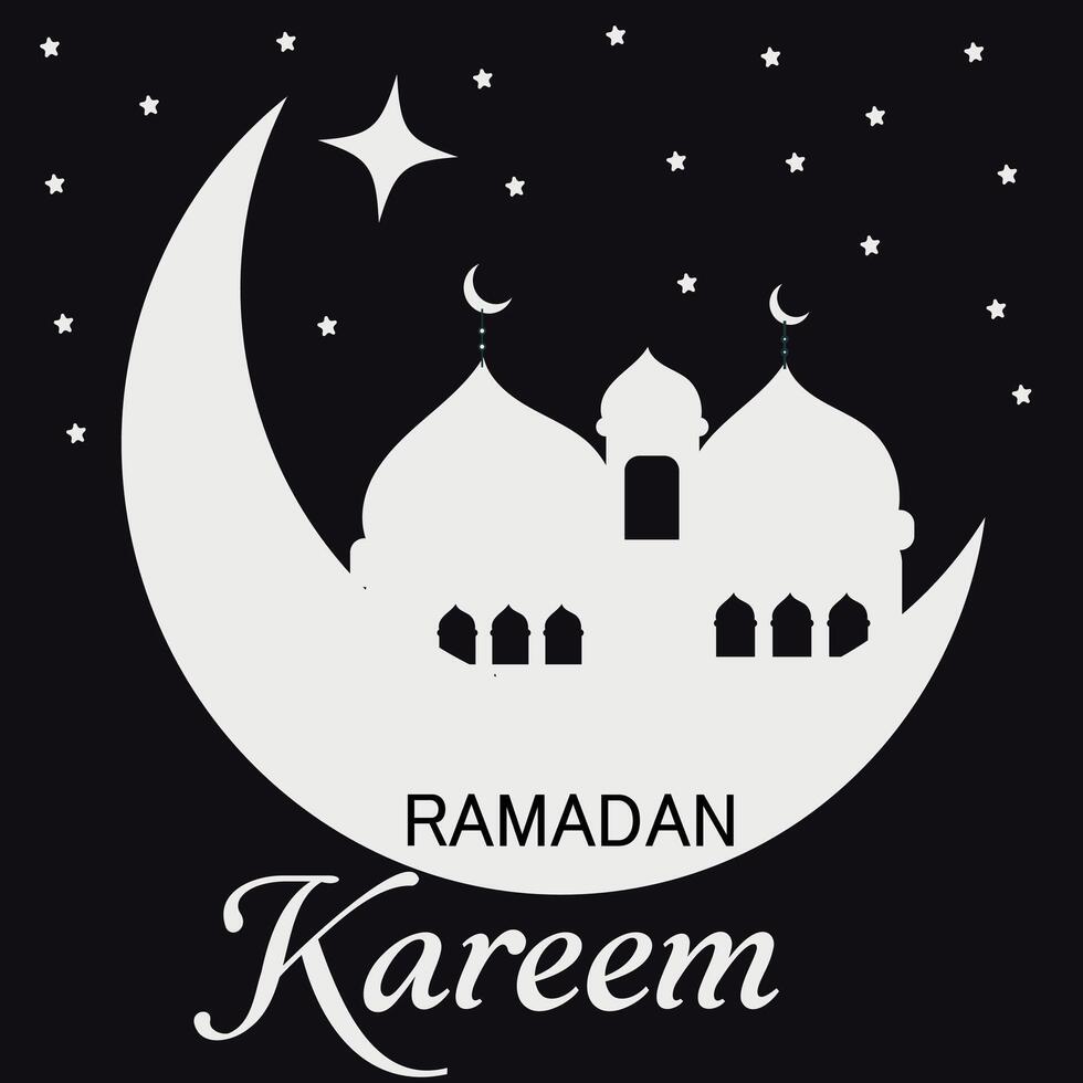 Ramadan Kareem banner, poster, card, holiday cover. Modern art design with pattern of beautiful arabian old ancient city against the backdrop of a bright big crescent moon and stars vector