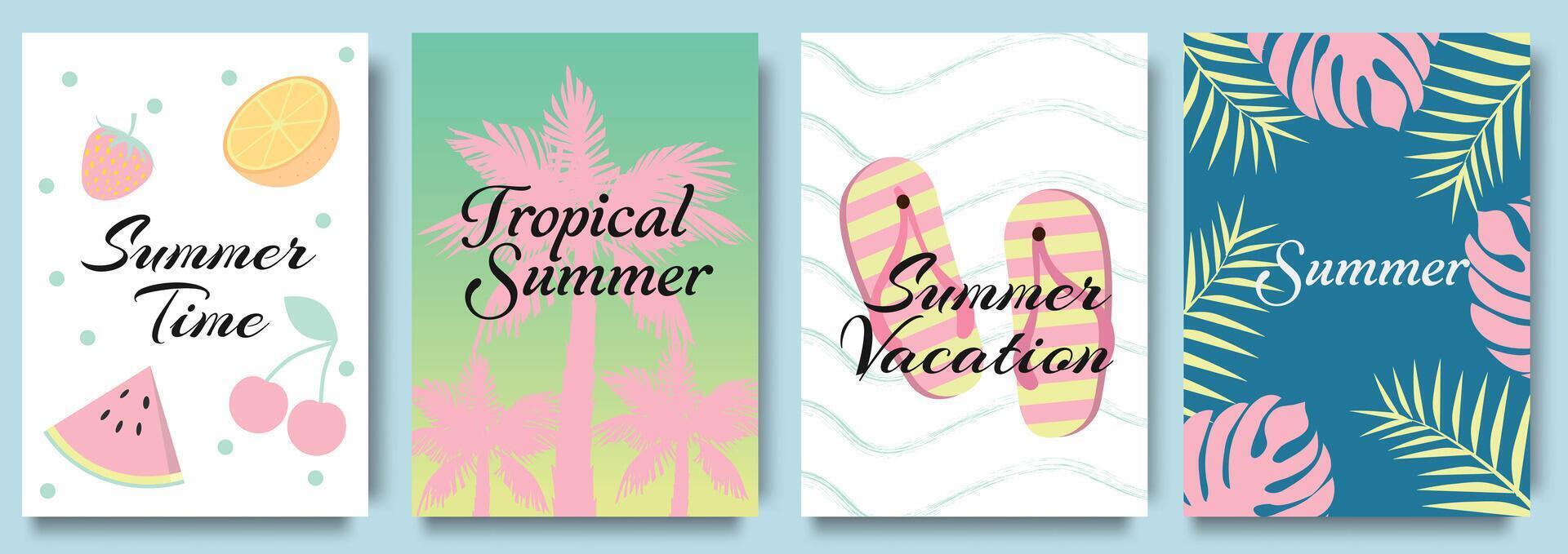 Summer set vector poster design. Hello summer text with tropical fruits and summer elemets layout background. Summer holidays, journey, vacation travel illustrations