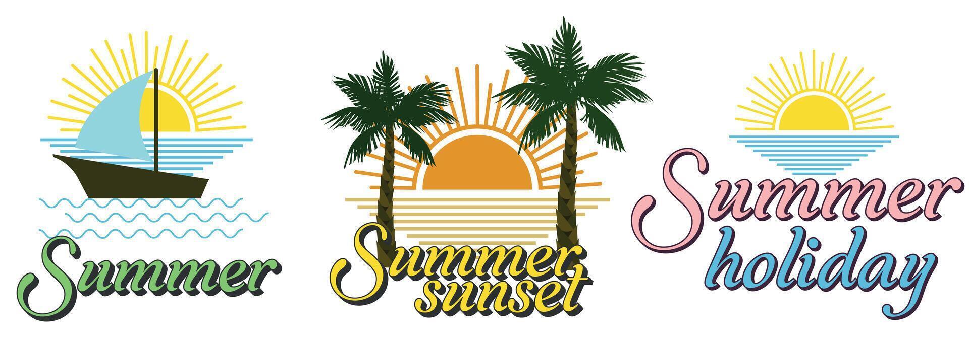 Summer tropical t-shirt design with palm trees and sun. Summer beach college style slogan print. Tee shirt and apparel print design. Modern line t shirt illustration with font print vector