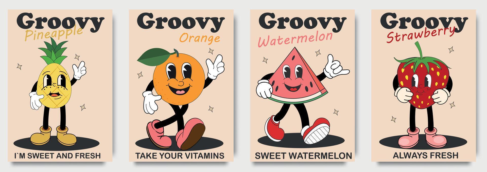 Groovy 70s posters with retro fruits cartoon characters. Strawberry, watermelon, pineapple, Orange. Cartoon characters in trendy retro style, comic mascot characters vector