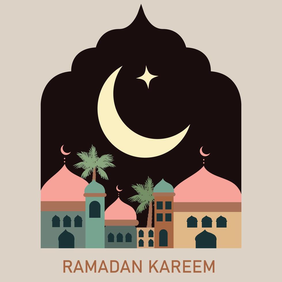 Ramadán kareem vector ilustración en plano geométrico estilo diseño para póster, saludo tarjeta, bandera y cubrir. moderno Arte diseño con modelo de hermosa árabe antiguo antiguo ciudad en contra el fondo