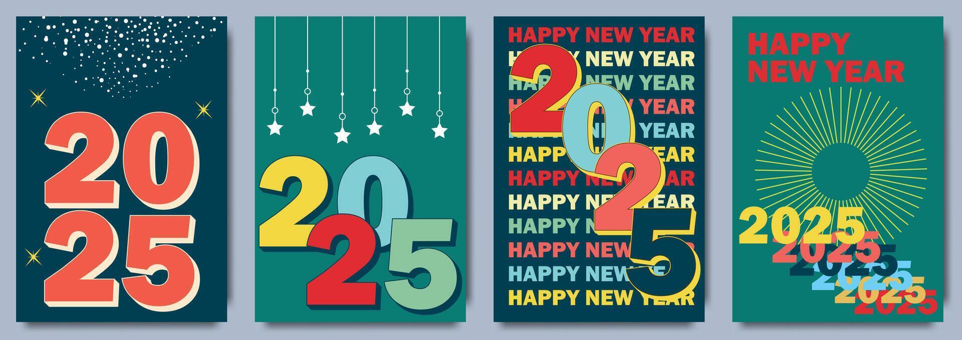 Creative concept of 2025 Happy New Year posters set. Design templates with typography logo 2025 for celebration and season decoration. Minimalistic trendy backgrounds for branding, banner, cover, card vector