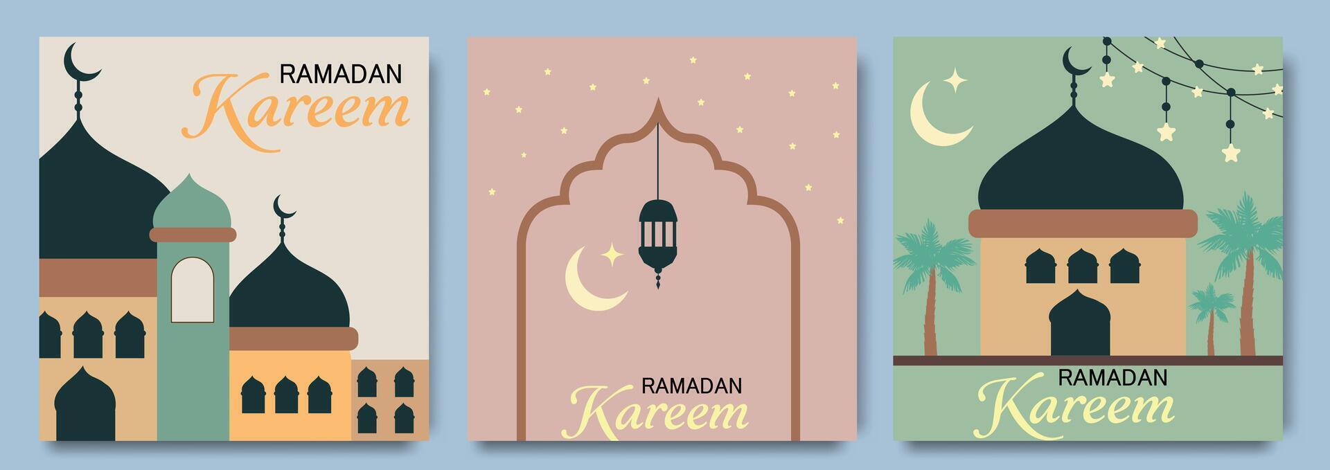 Ramadan Kareem Set of posters, cards, holiday covers template. Modern design in pastel colors with pattern, mosque, old city, moon and stars. vector