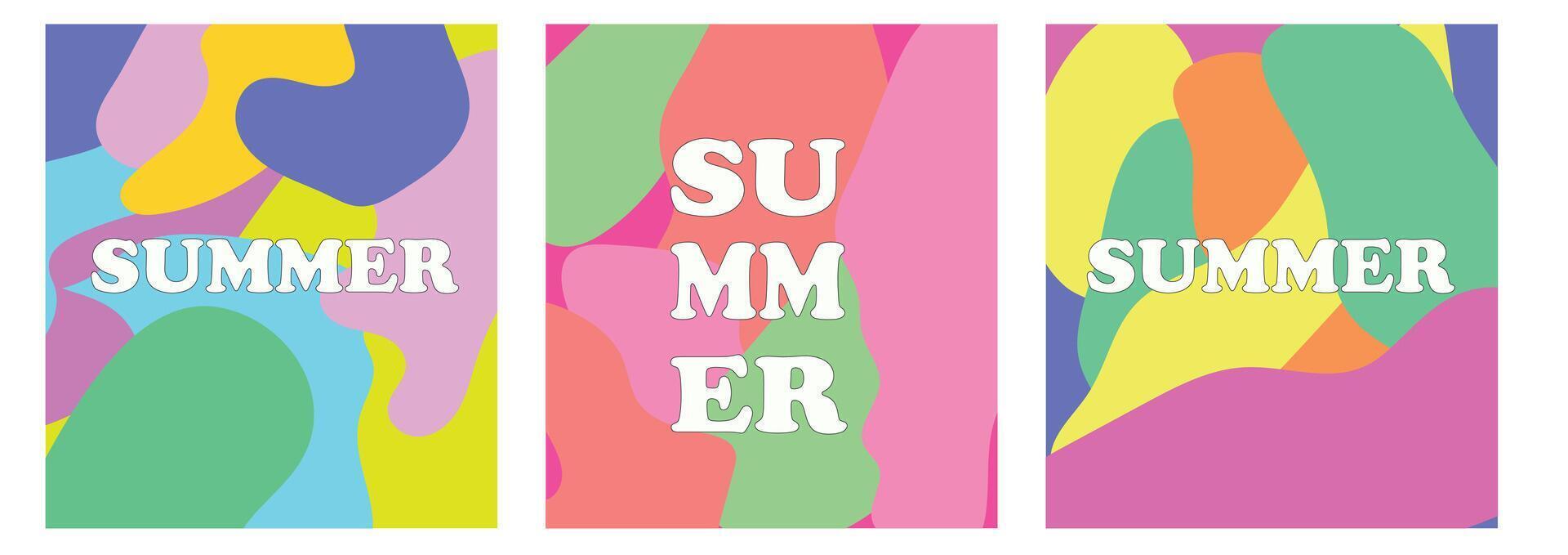 Creative concept of summer bright and juicy cards set. Modern abstract art design with liquid shapes with overlay effect. Templates for celebration, ads, branding, banner, cover, label, poster vector