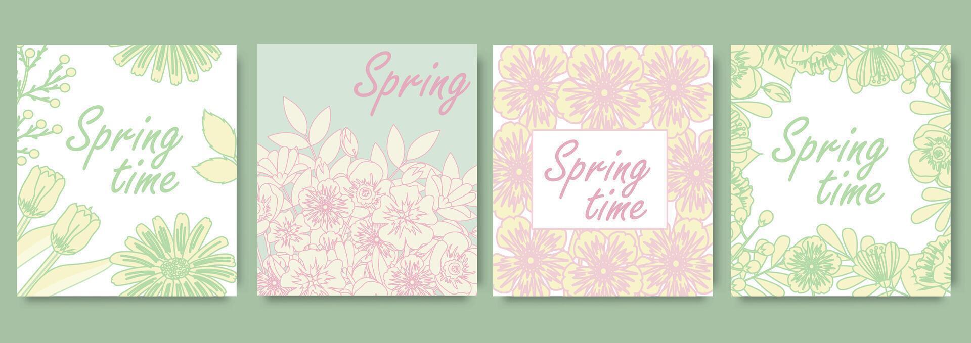 Floral art templates with hand drawn spring flowers in pastel colors, soft green, pink and yellow. Set of frames for Women's Day, birthday and Mother's Day cards. Contemporary poster and background. vector