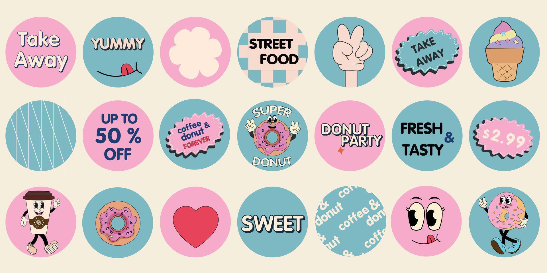 Donut and Coffee retro cartoon fast food stickers. Comic character, slogan, quotes and other elements for cafeteria, cafe, restaurant. Groovy funky in trendy retro cartoon style. Vector illustration