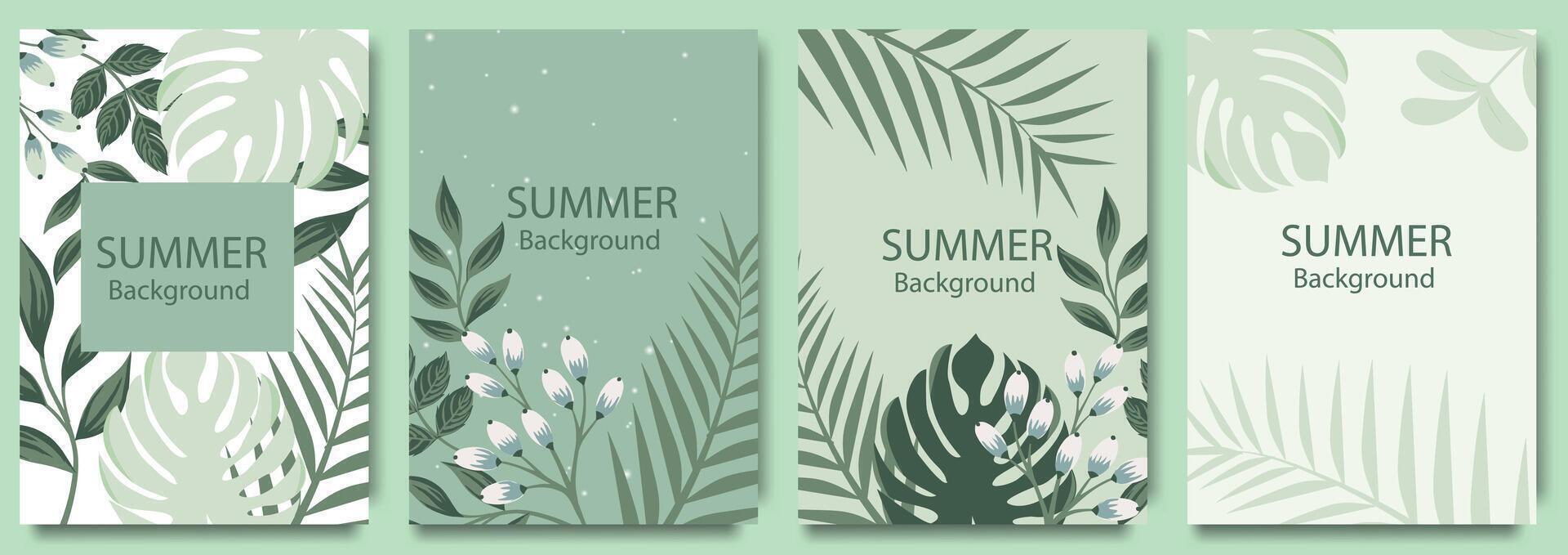 Summer green background with tropical palm leaves and flowers. Abstract banner with jungle theme. Set of backgrounds for social media post, sale, flyer, postcard, poster vector