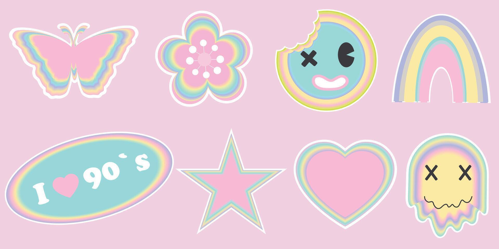 Cute trendy girly retro 2000s stickers with cartoon comic label patches. Girlish funny groovy vaporwave acid stickers in geometric shapes. Vector of y2k , 90s graphic design badges. Groovy style
