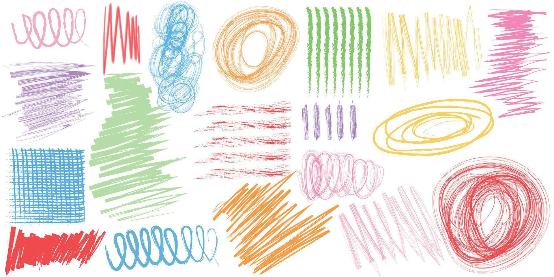 Hand drawn brush stroke sketch textures. Scribble doodle abstract geometric shapes set. Multi colored crayon strokes, dots and spirals. Grunge smears, thin and thick chalk strokes vector