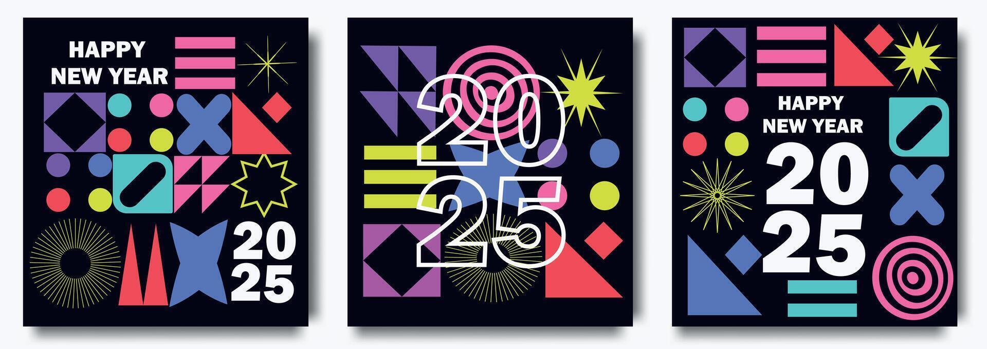 2025 Happy New Year posters set. Vector design templates on geometric style. Design templates with typography logo 2025 for celebration and season decoration. Minimalistic trendy backgrounds.