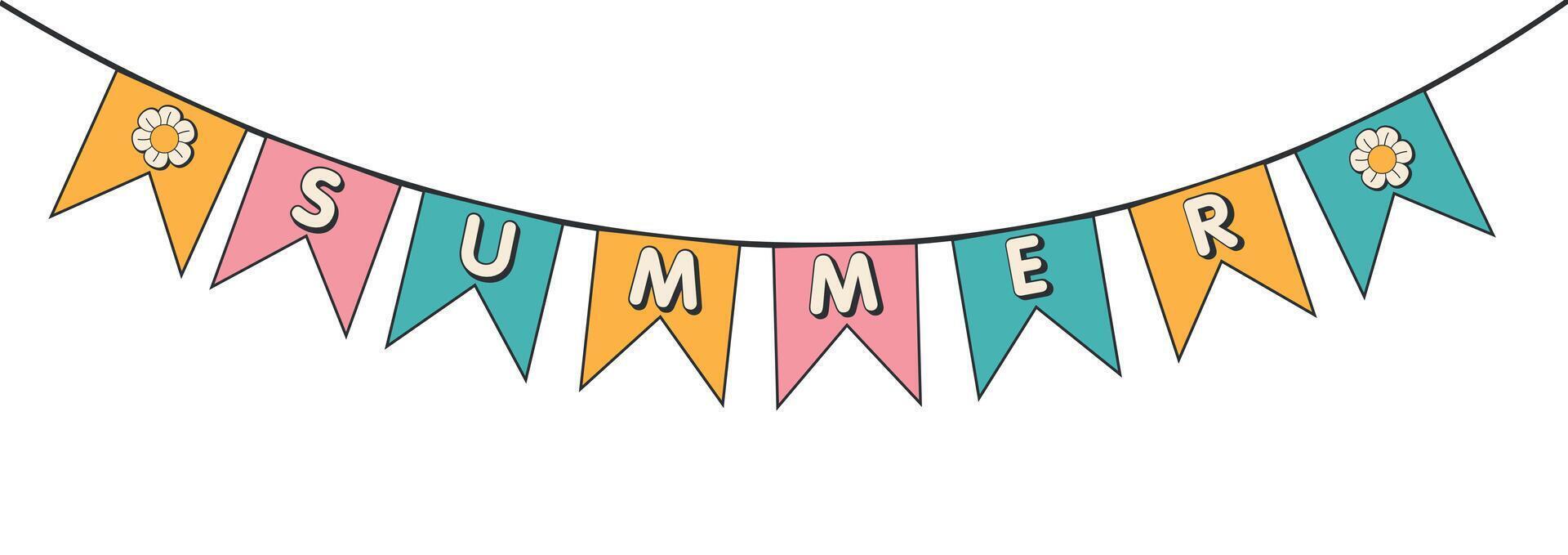 Cute hello summer garland sticker in y2k groovy style. Trendy retro cartoon style. 70s 60s aesthetics trendy retro psychedelic cartoon style vector