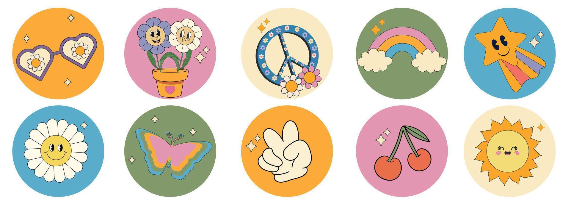 Trendy comic groovy hippie 70s sticker set. Cute and funny characters. 70s 60s aesthetics. Sticker pack in trendy retro psychedelic cartoon style vector
