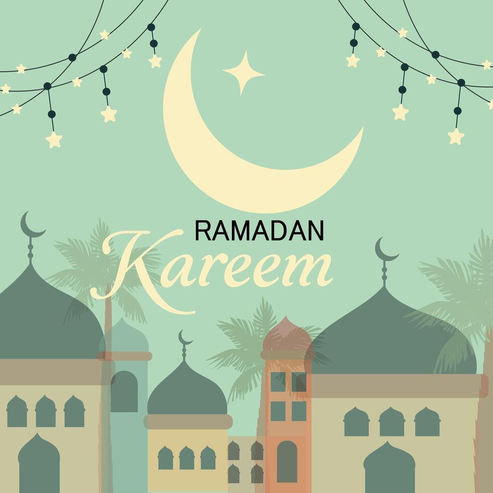 Ramadan Kareem banner, poster holiday cover template. Modern art design in pastel colors with pattern of beautiful arabian old ancient city against the backdrop of a bright crescent moon and stars vector