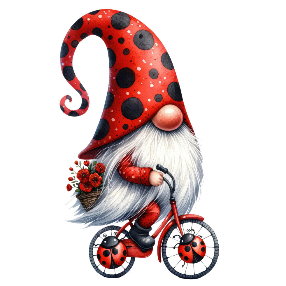 AI generated Whimsical illustration of a cute ladybug gnome with a long white beard, wearing a red polka dot hat with a friendly ladybug. png