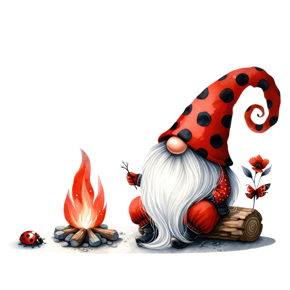 AI generated Whimsical illustration of a cute ladybug gnome with a long white beard, wearing a red polka dot hat with a friendly ladybug. png
