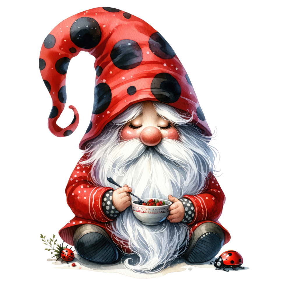 AI generated Whimsical illustration of a cute ladybug gnome with a long white beard, wearing a red polka dot hat with a friendly ladybug. png