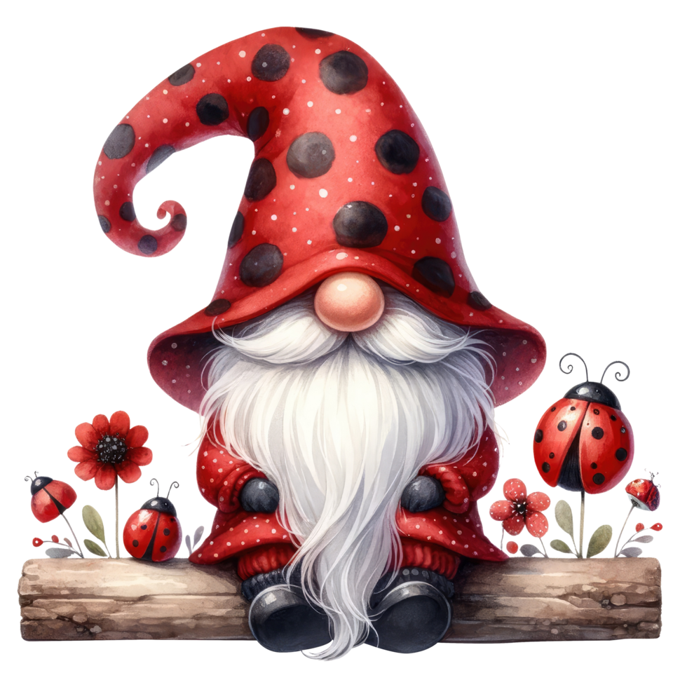 ai généré capricieux illustration de une mignonne coccinelle gnome avec une longue blanc barbe, portant une rouge polka point chapeau avec une amical coccinelle. png