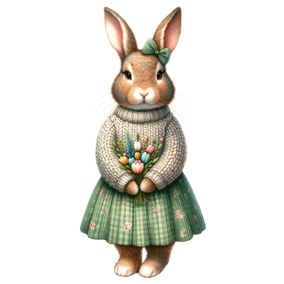 AI generated Illustration of a Bunny in a Green Dress with Easter Eggs png