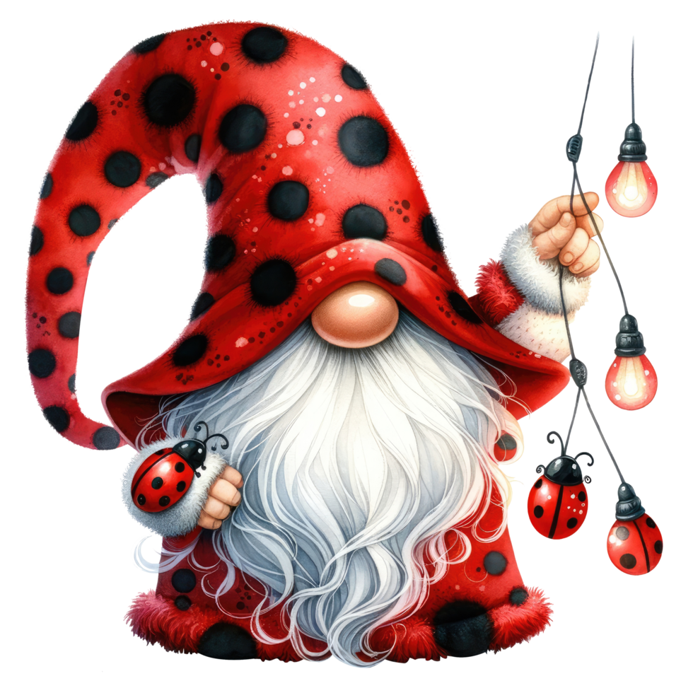 AI generated Whimsical illustration of a cute ladybug gnome with a long white beard, wearing a red polka dot hat with a friendly ladybug. png