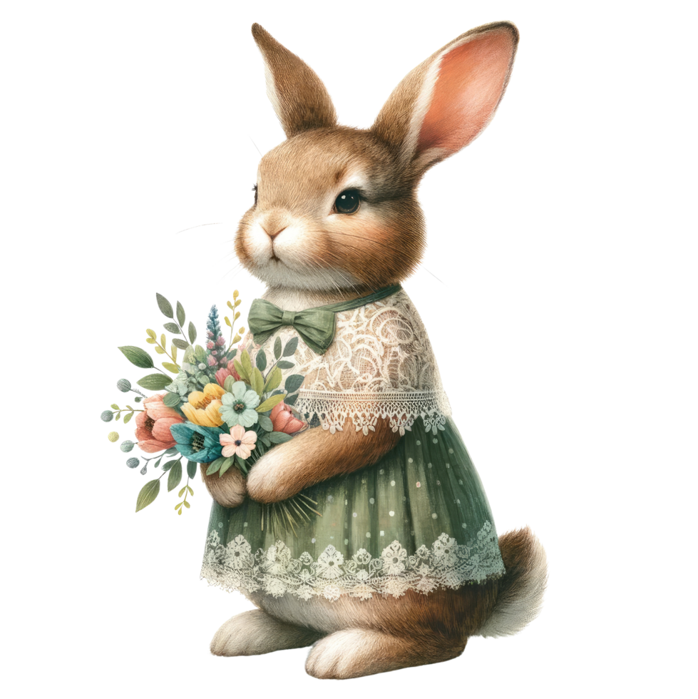AI generated Illustration of a Bunny in a Green Dress with Easter Eggs png