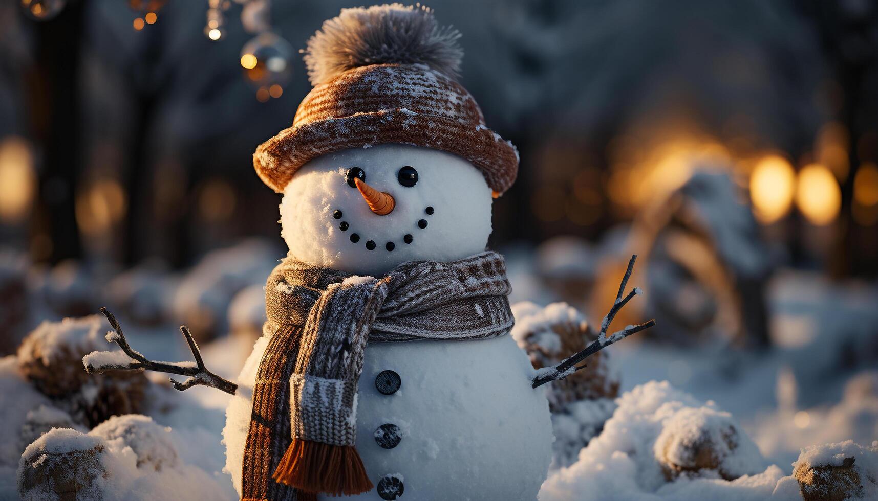 AI generated Winter celebration snowman smiles, tree glows, nature decorates with snow generated by AI photo