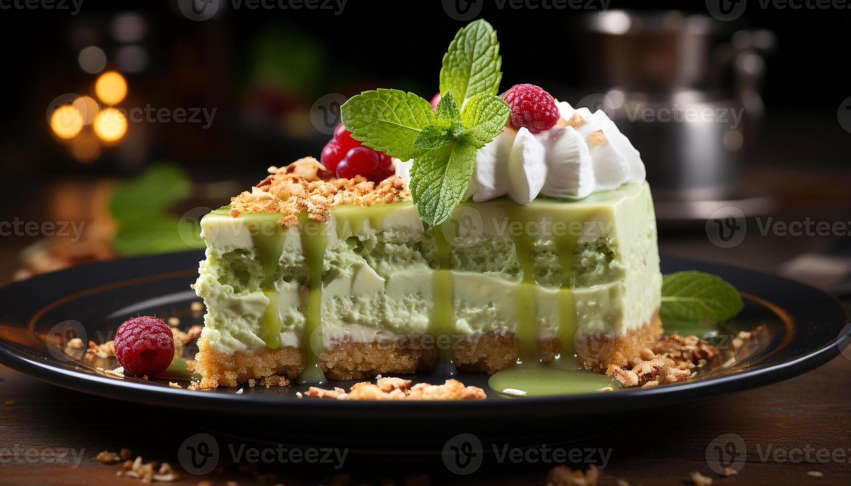 AI generated Freshly baked chocolate cheesecake with raspberry and mint leaf decoration generated by AI photo