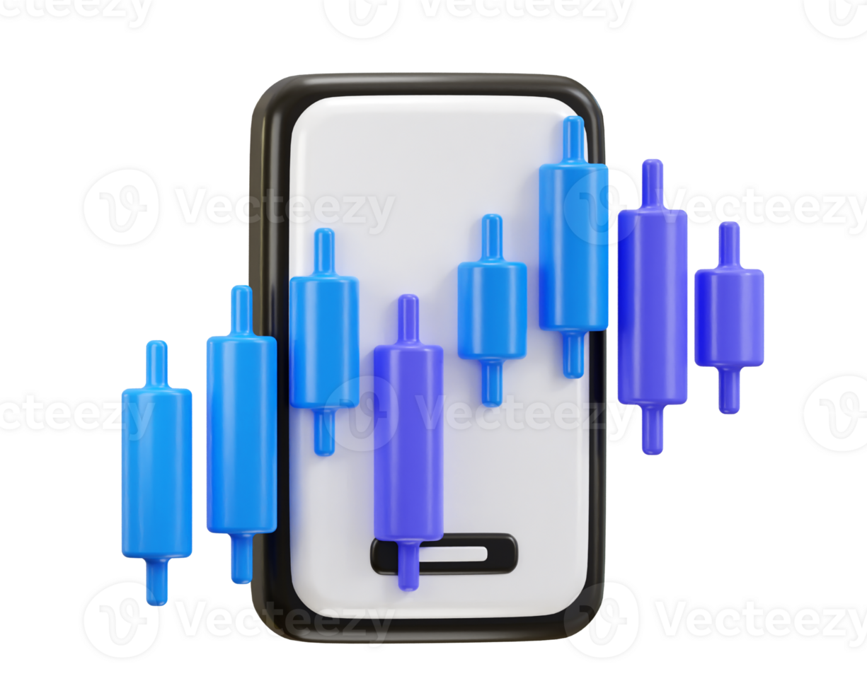 stock trading candle chart with mobile phone 3d rendering illustrations png